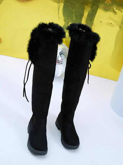 Damen Overknee Stiefel Schwarz mit Kunstfell und Schnürung Profilsohle