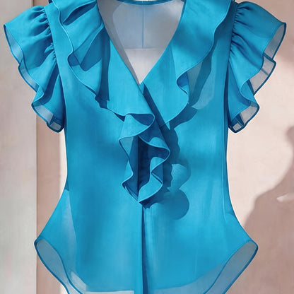 Damen Rüschenbluse mit V-Ausschnitt und Volantärmeln – Eleganter Stil für Büro und besondere Anlässe