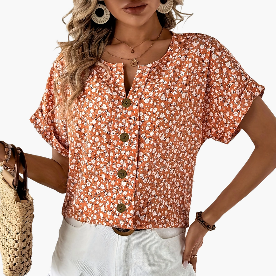Damen Blusenshirt mit Knopfleiste und Blumenmuster – Sommerlich, Elegant, Freizeit