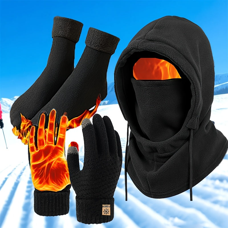 Unisex winterset met bivakmuts, handschoenen en thermosokken, zwart, warm