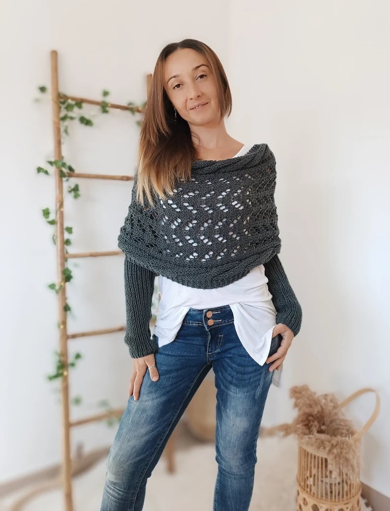 Damen Strick Bolero mit langen Ärmeln und Lochmuster