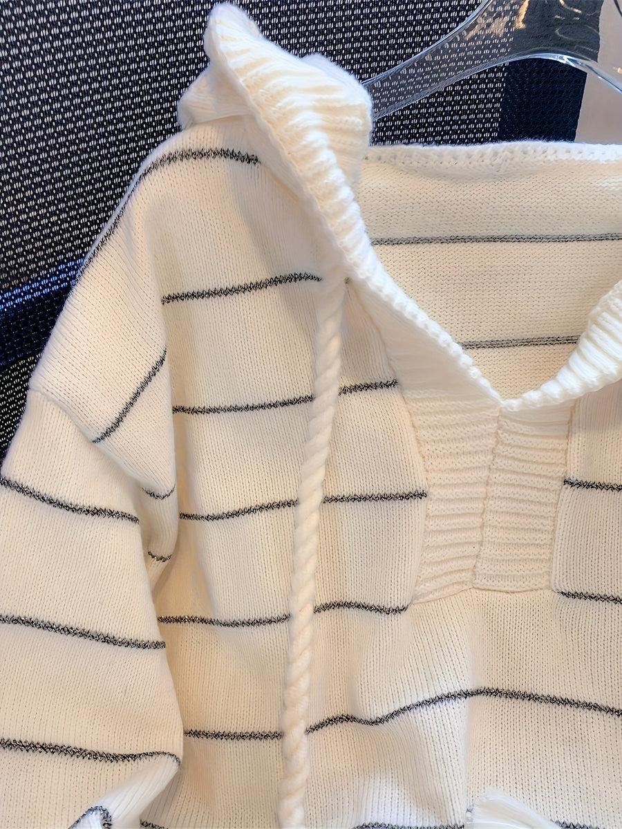 Damen Kapuzenpullover Strickpullover Gestreift Weiß Langarm
