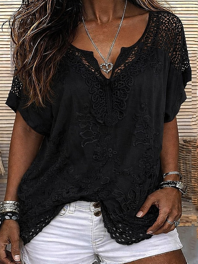 Damen Kurzarm Bluse mit Spitze & Stickerei V-Ausschnitt