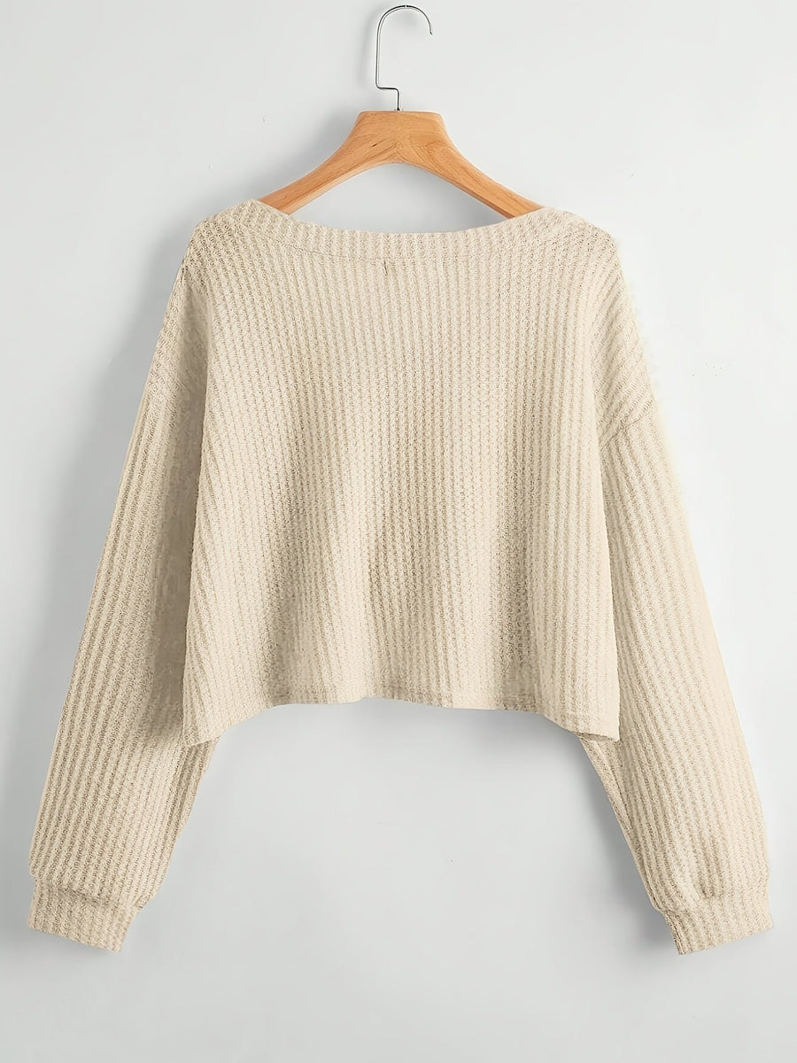 Damen Crop Top Strickpullover V-Ausschnitt Waffelstruktur Langarm