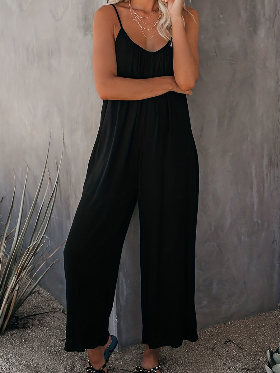 Damen Weite Casual Jumpsuit mit Spaghettiträgern – Luftiger Einteiler für Freizeit & Urlaub