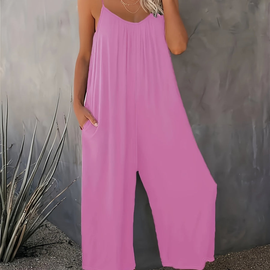 Damen Weite Casual Jumpsuit mit Spaghettiträgern – Luftiger Einteiler für Freizeit & Urlaub