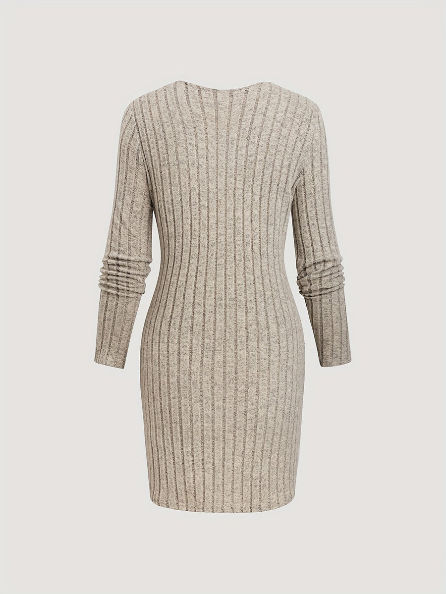 Damen Geripptes Langarmkleid mit V-Ausschnitt und Knopfdetails