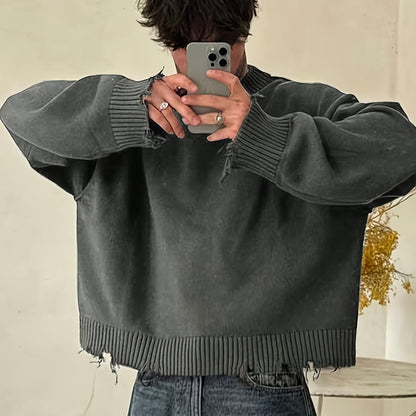 Unisex Distressed Pullover mit Rundhals und Rippstrickbündchen