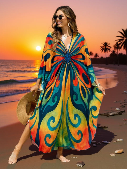 Damen Kaftan Maxi Strandkleid mit Schmetterlings-Print – Boho Urlaubs-Outfit