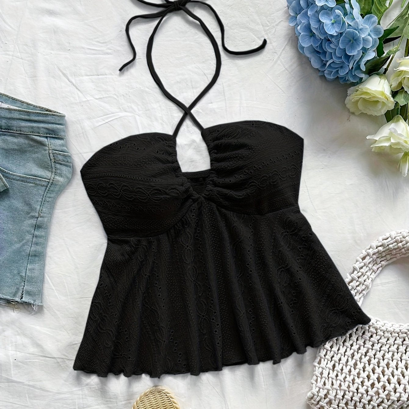 Damen Halter Babydoll Top mit Stickerei – Romantischer Vintage-Look für Freizeit & Urlaub