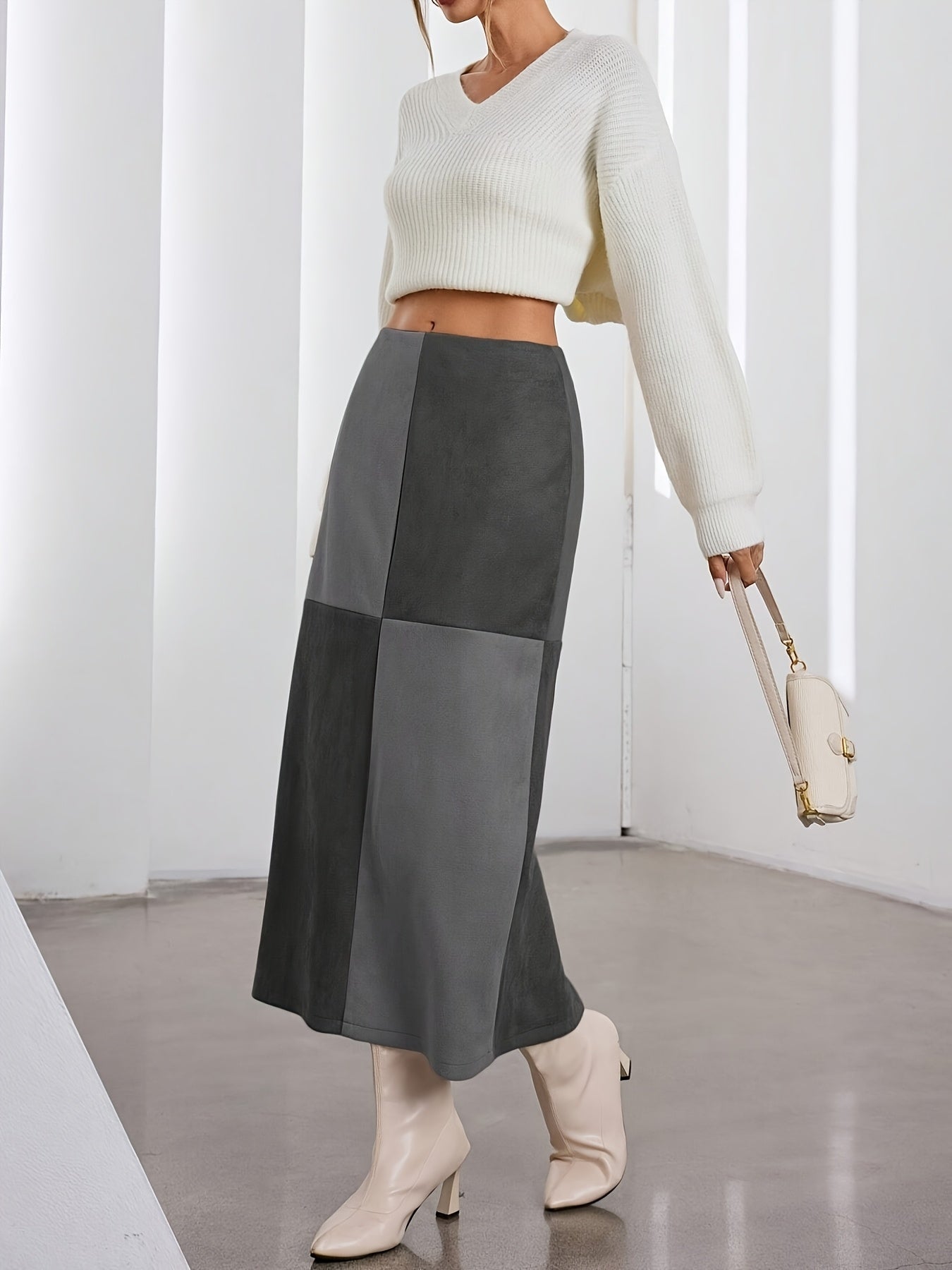 Damen Midi-Rock Patchwork A-Linie Zweifarbig mit hohem Bund