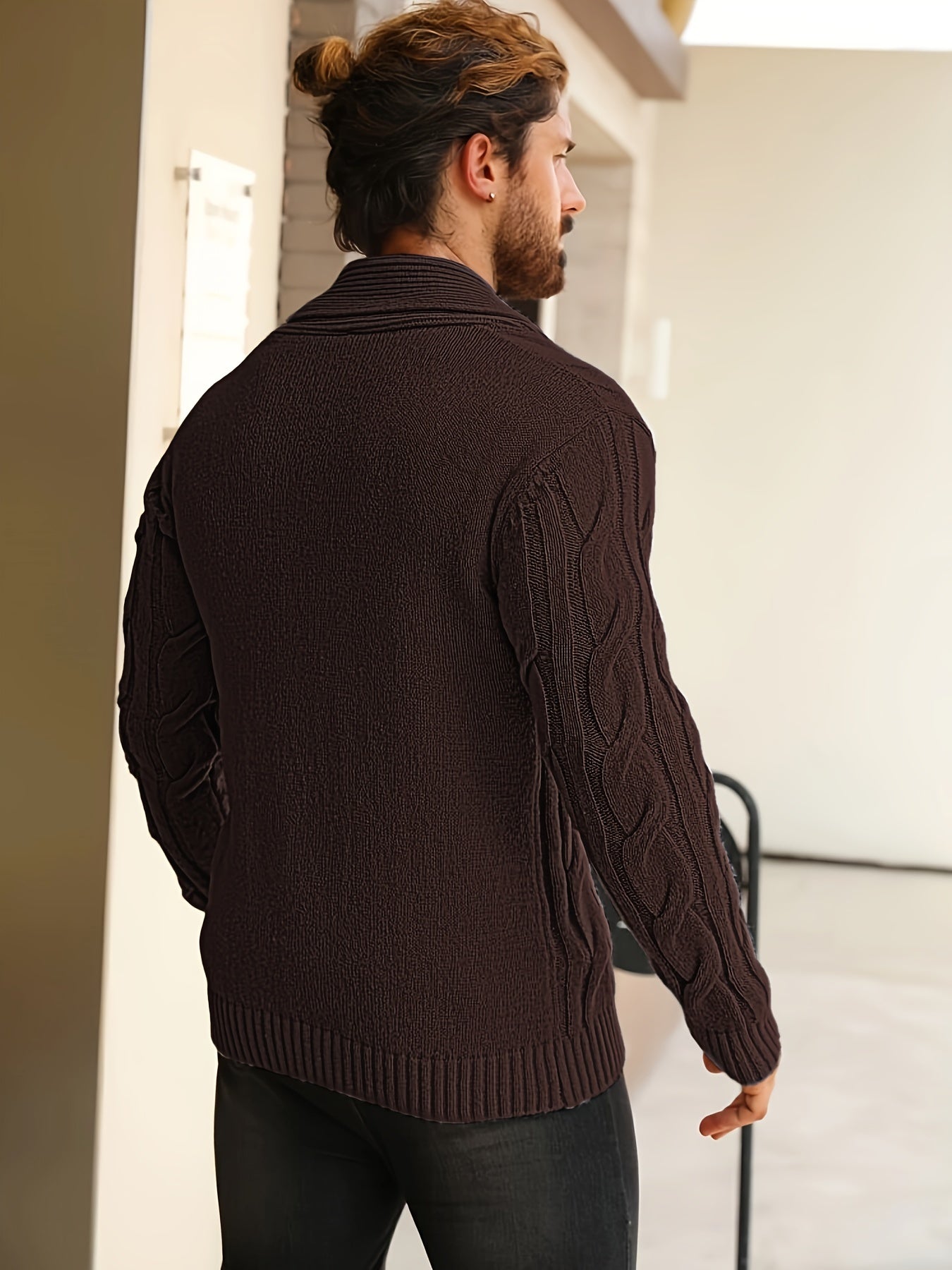 Herren Strickjacke Schalkragen Zopfmuster Knöpfe