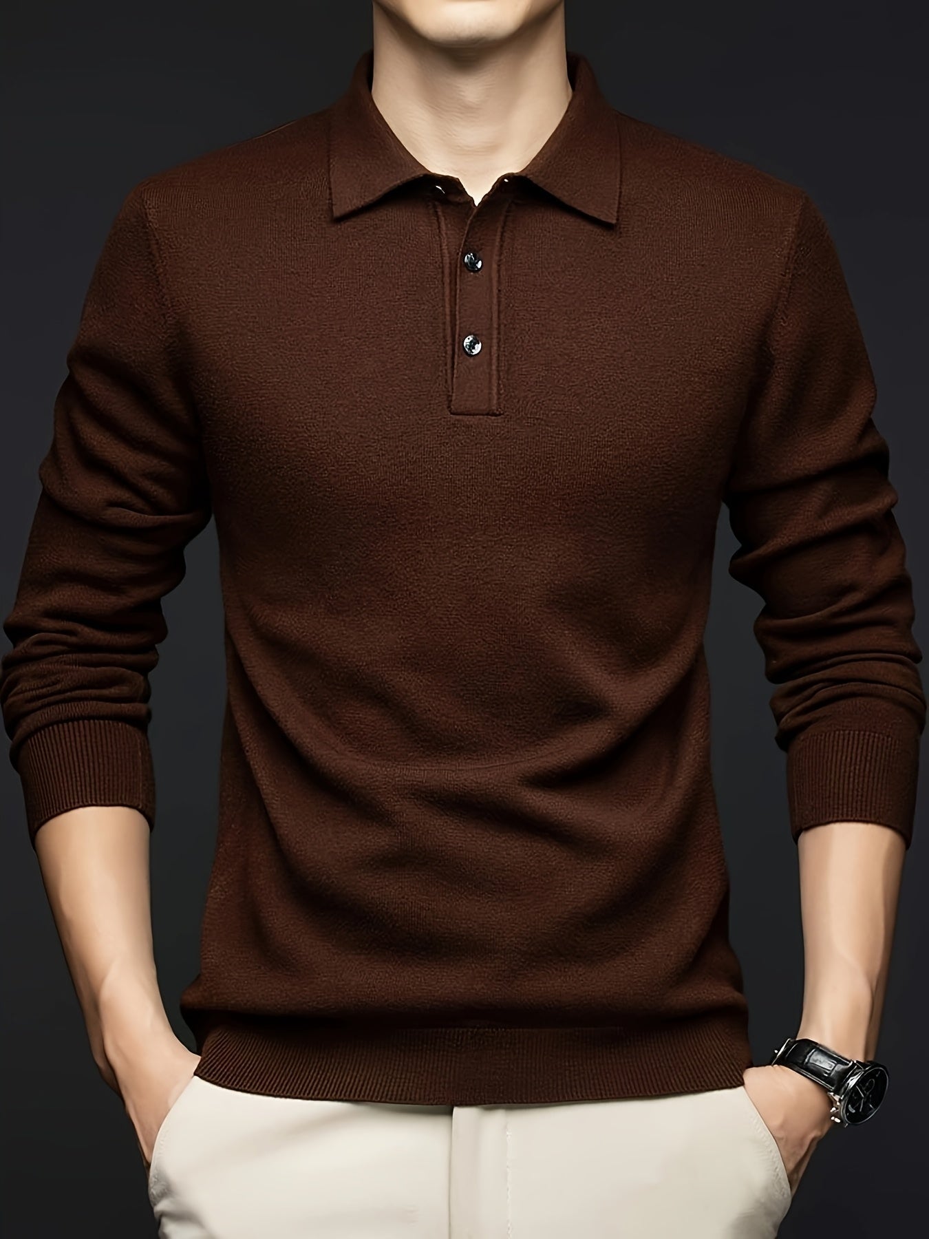Herren Langarm Polohemd Strickpullover mit Knopfleiste