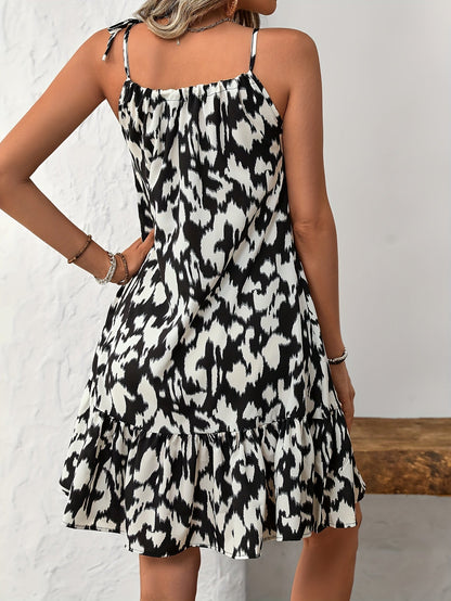 Damen Kleid mit abstraktem Print und Volant – Ärmelloses Sommerkleid, lockerer Schnitt, für Freizeit & Urlaub