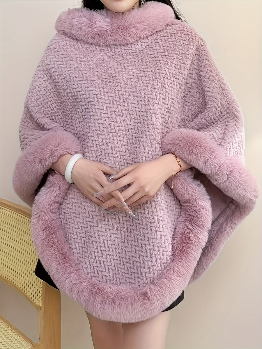 Damen Poncho Kuschelig Weich mit Kunstpelzbesatz Rollkragen