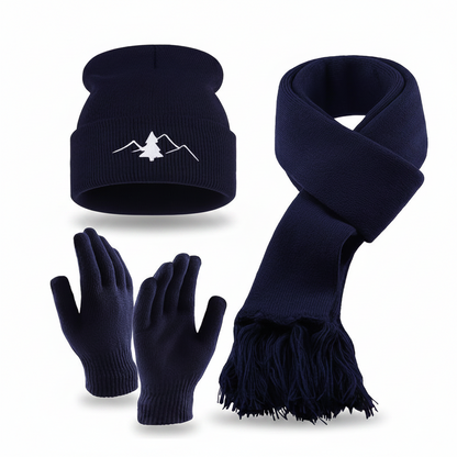 Unisex Winter Set Mütze Schal Handschuhe – Gestrickt mit Bergmotiv – In verschiedenen Farben
