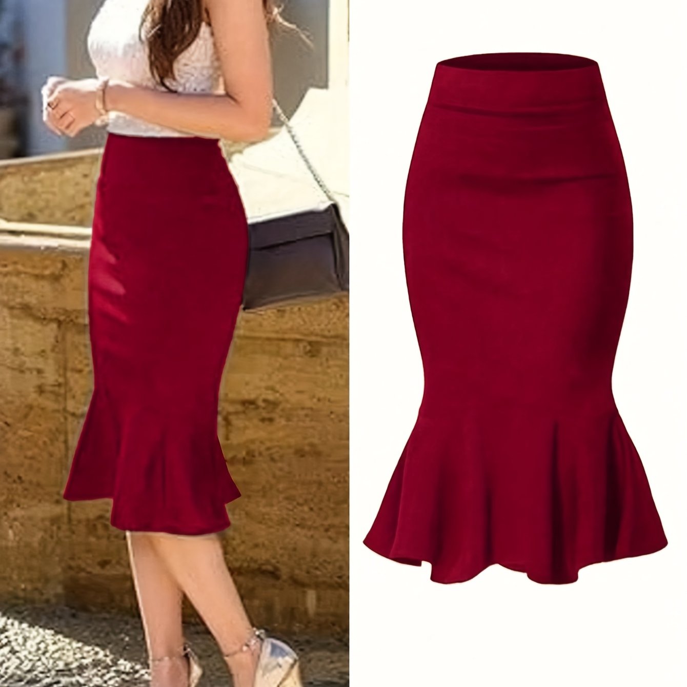 Damen Eleganter Fishtail-Bleistiftrock mit Rüschen – Büro & Anlassmode