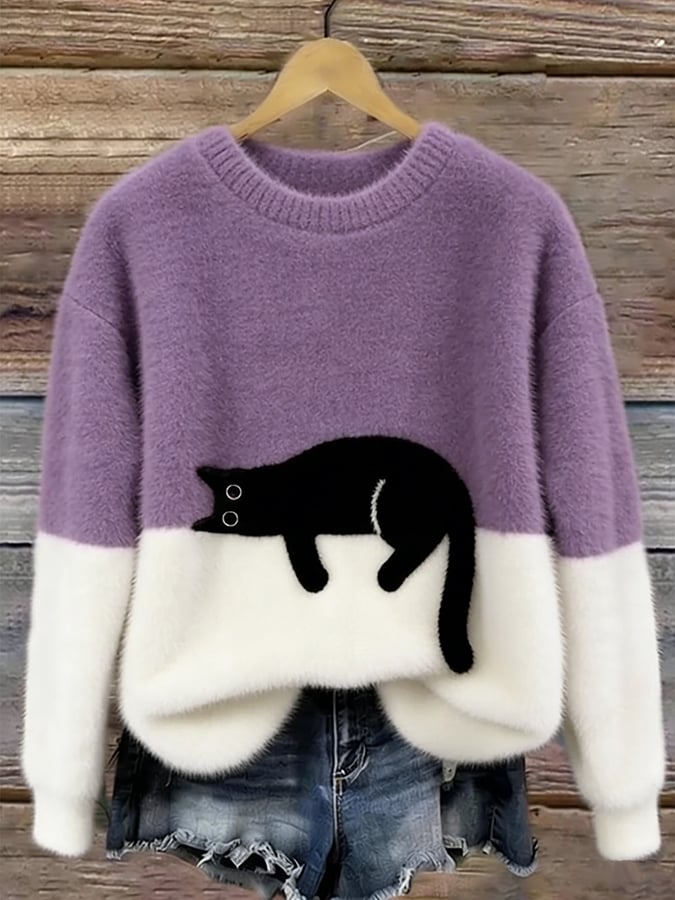 Weicher Damen Pullover mit Katze Rundhals Langarm Strickpullover Mehrfarbig