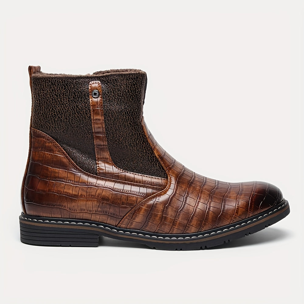 Herren Stiefeletten Dunkelbraun mit Kroko-Prägung und Futter