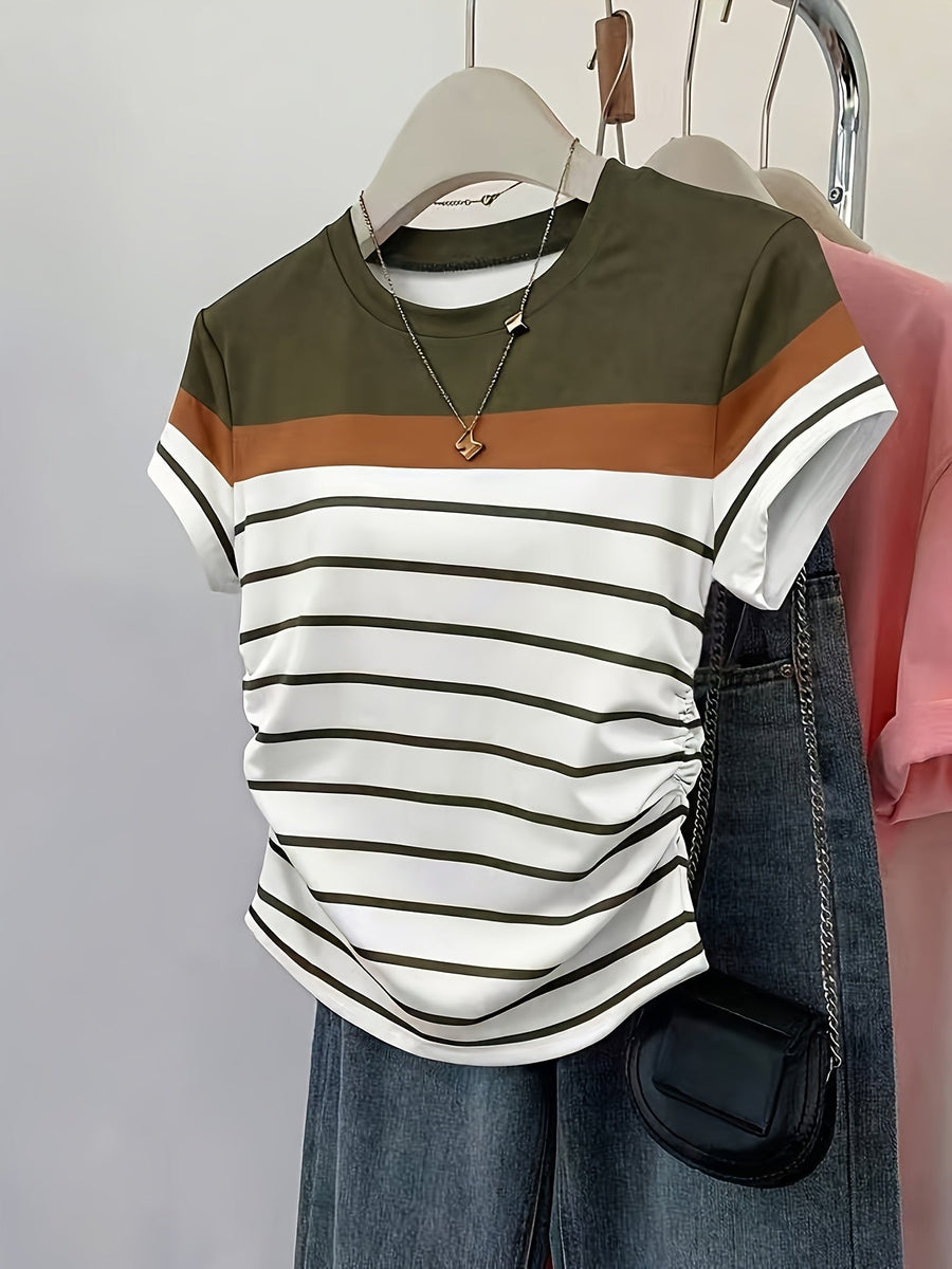 Damen T-Shirt im Streifen-Design mit modischen Raffungen – Perfekt für Freizeit und Alltag
