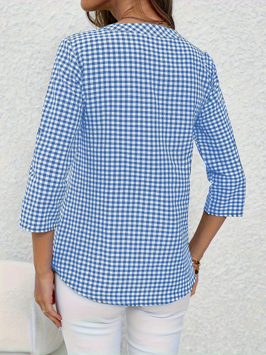Damen Casual Karo Bluse mit Knopfleiste und 3/4-Ärmeln – Perfekt für Alltag & Freizeit