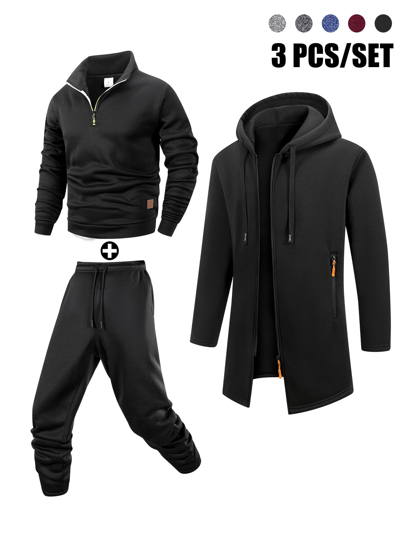 Herren 3-teiliger Trainingsanzug Set mit Kapuzenmantel, Pullover und Hose