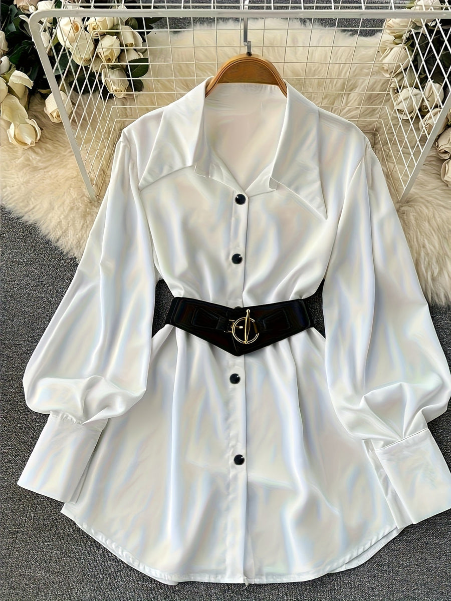 Damen Bluse Langarm Hemdkragen Weiß Weite Ärmel Gürtel