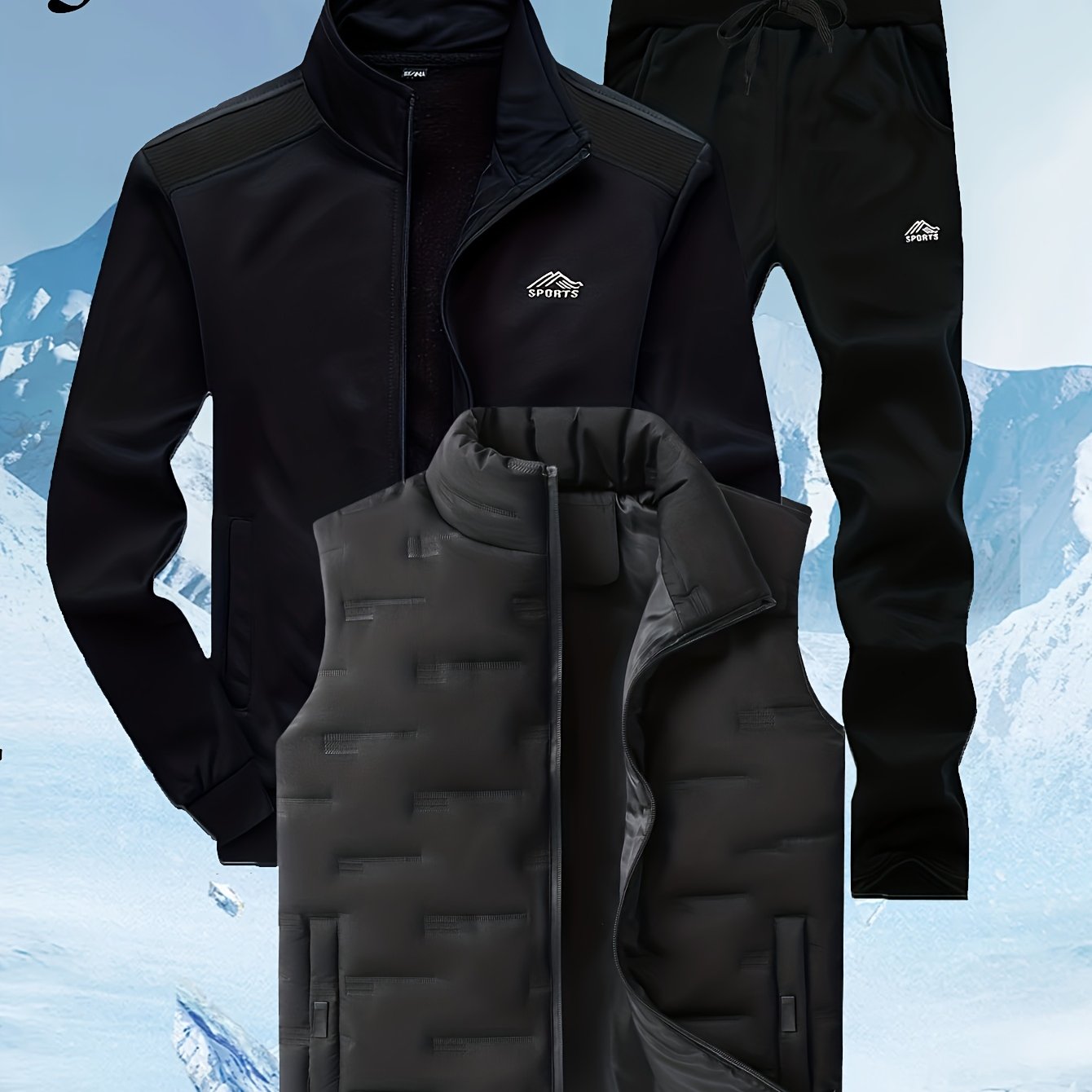 Herren 3-teiliges Sportoutfit mit Stehkragen-Trainingsjacke, Jogginghose und Steppweste