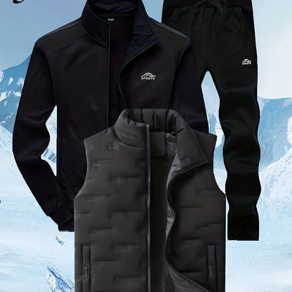 Herren 3-teiliges Sportoutfit mit Stehkragen-Trainingsjacke, Jogginghose und Steppweste