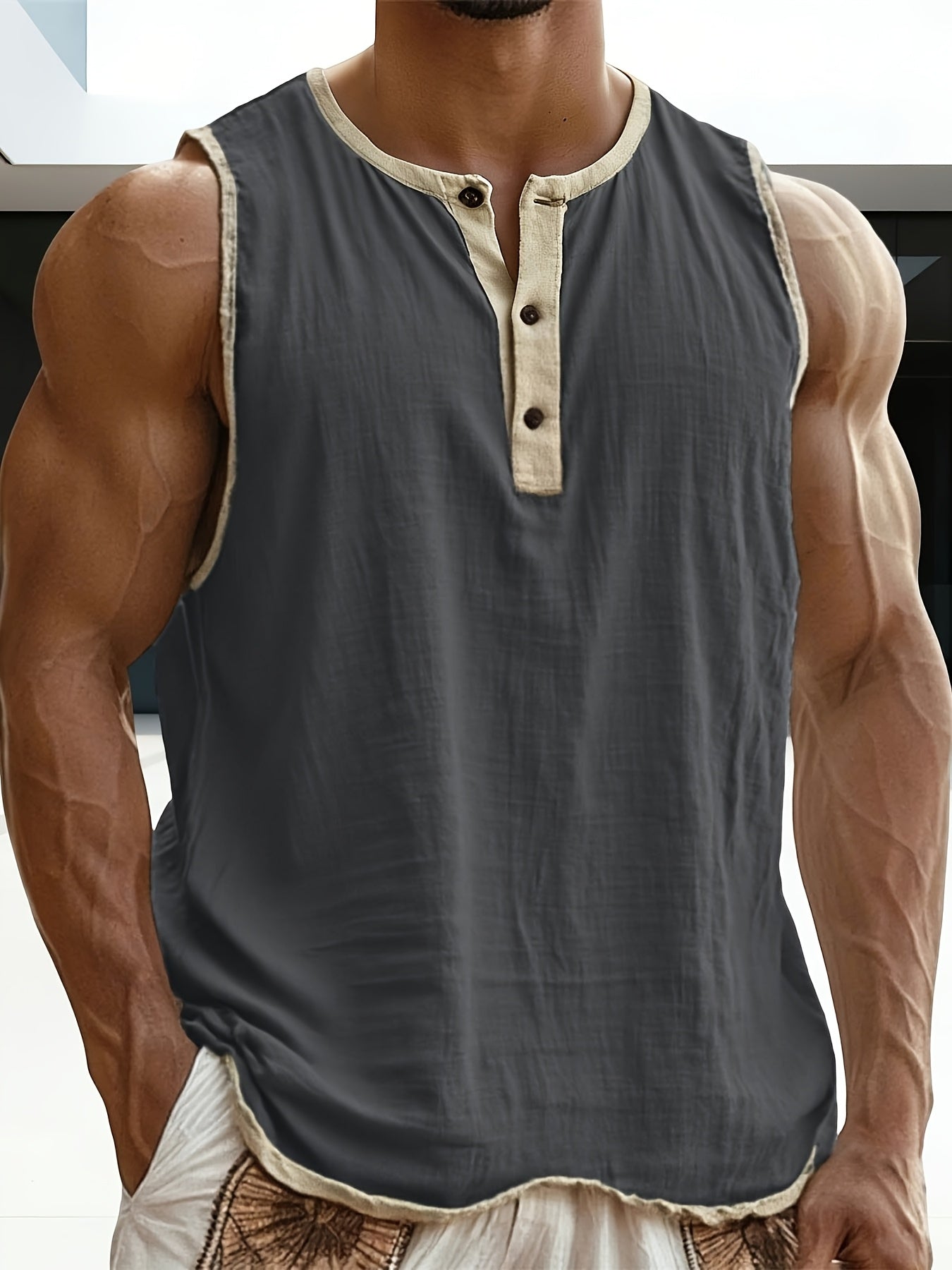 Herren Ärmelloses Henley Shirt Freizeit Modern