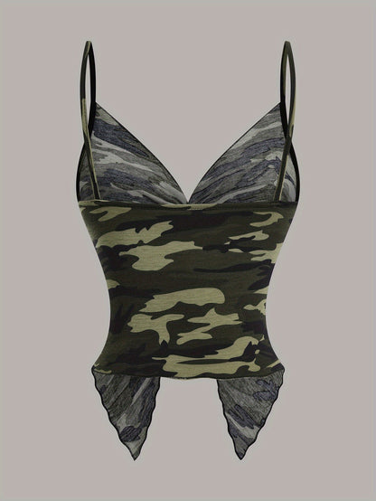 Damen Camouflage Handkerchief-Top mit Twist-Front und Spaghettiträgern – Modisches Streetwear Camisole