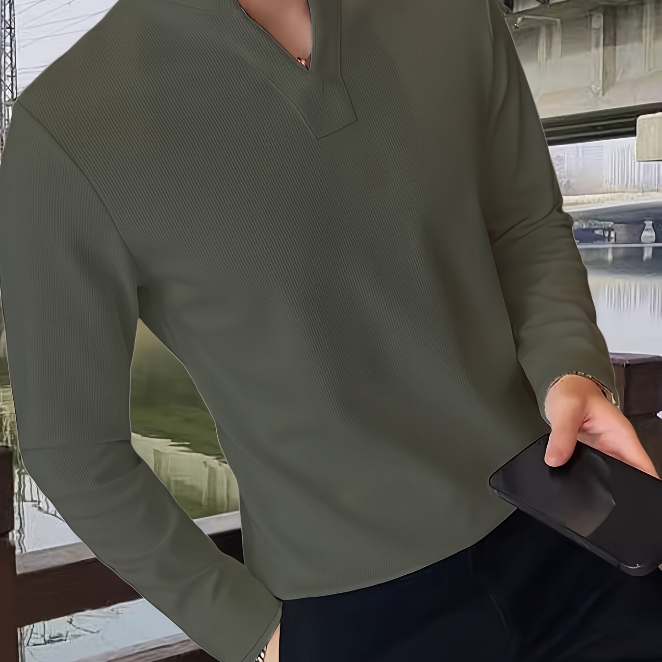 Herren Langarmshirt Henley Kragen Rippstruktur V-Ausschnitt Freizeit Business