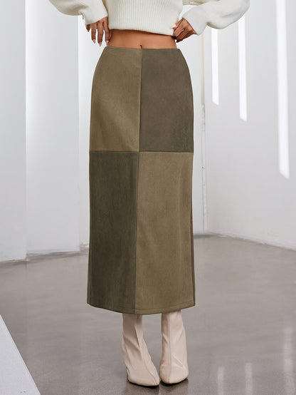 Damen Midi-Rock Patchwork A-Linie Zweifarbig mit hohem Bund