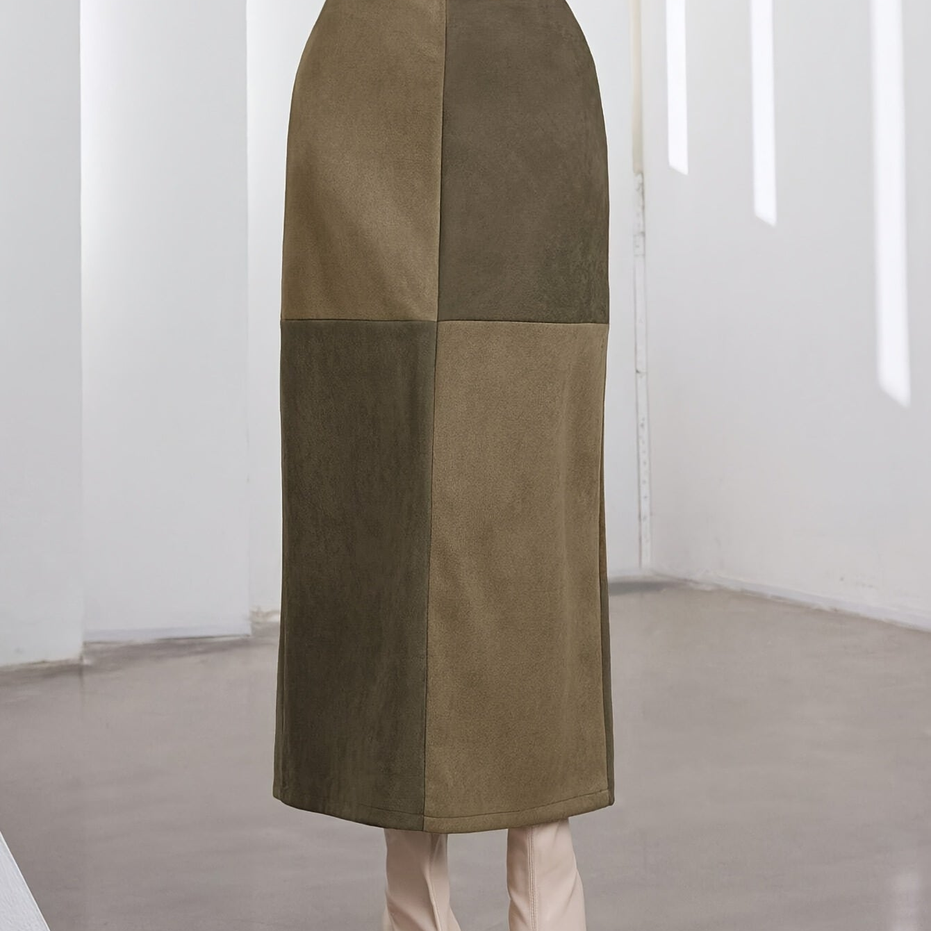 Damen Midi-Rock Patchwork A-Linie Zweifarbig mit hohem Bund