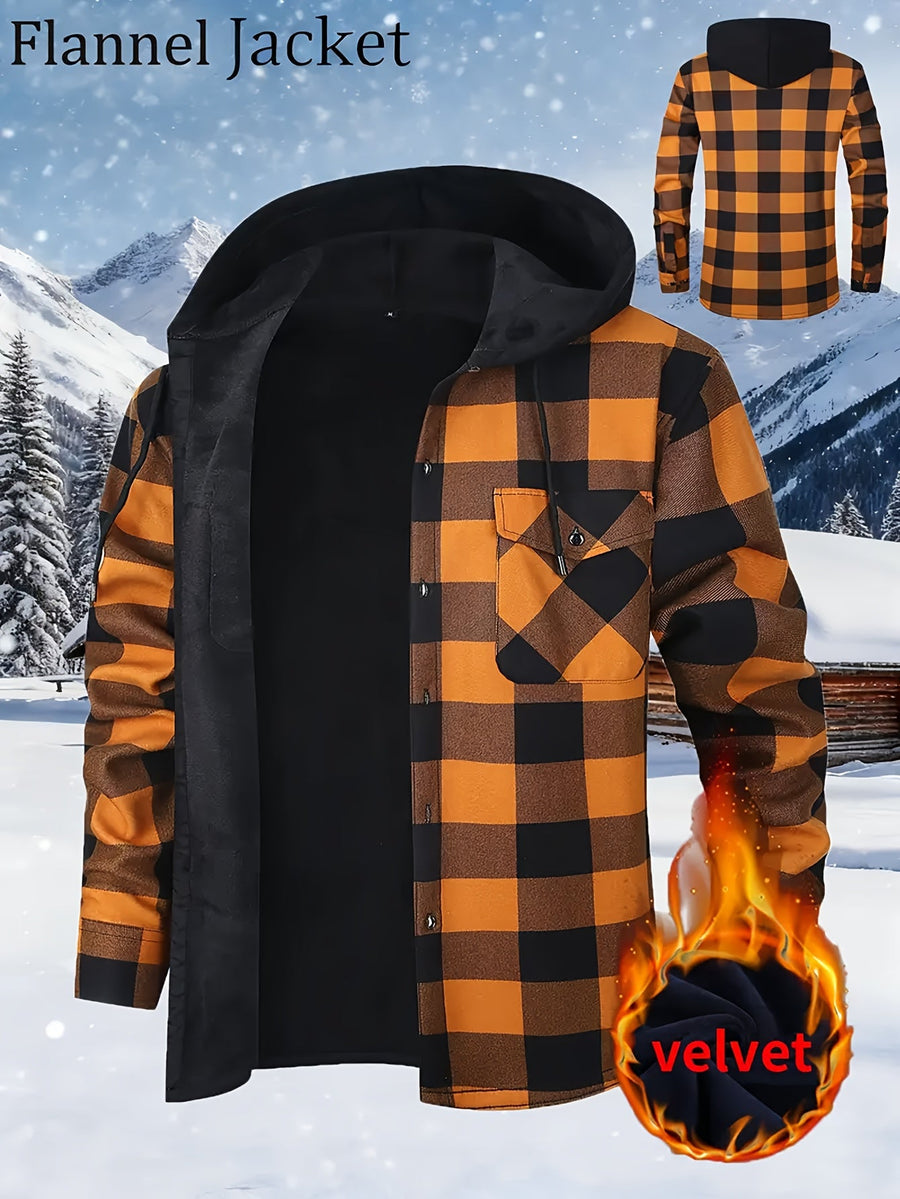 Herren Kariertes Flanell Hemd Jacke mit Kapuze und warmer Fütterung