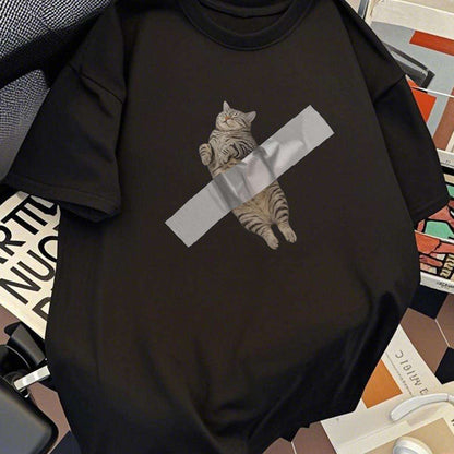 Herren T-Shirt mit lustigem Katzen-Print und Tape-Motiv – Lockeres Streetwear für Alltag & Freizeit