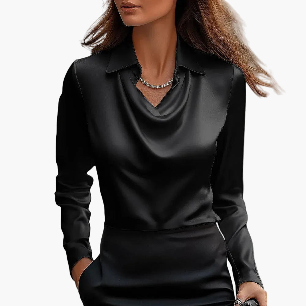 Damen Satinbluse mit Wasserfallausschnitt – Eleganter Business- & Freizeitstil