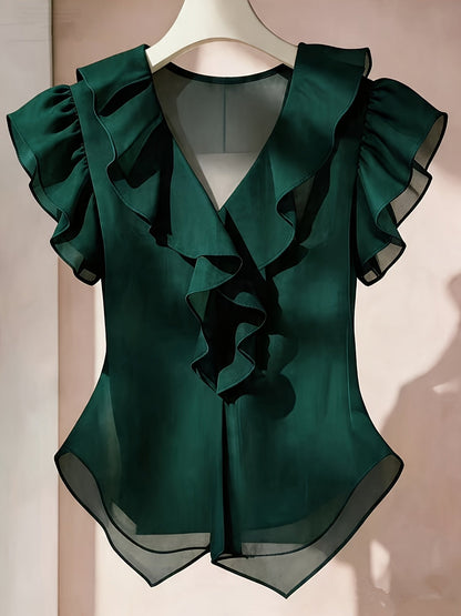 Damen Rüschenbluse mit V-Ausschnitt und Volantärmeln – Eleganter Stil für Büro und besondere Anlässe