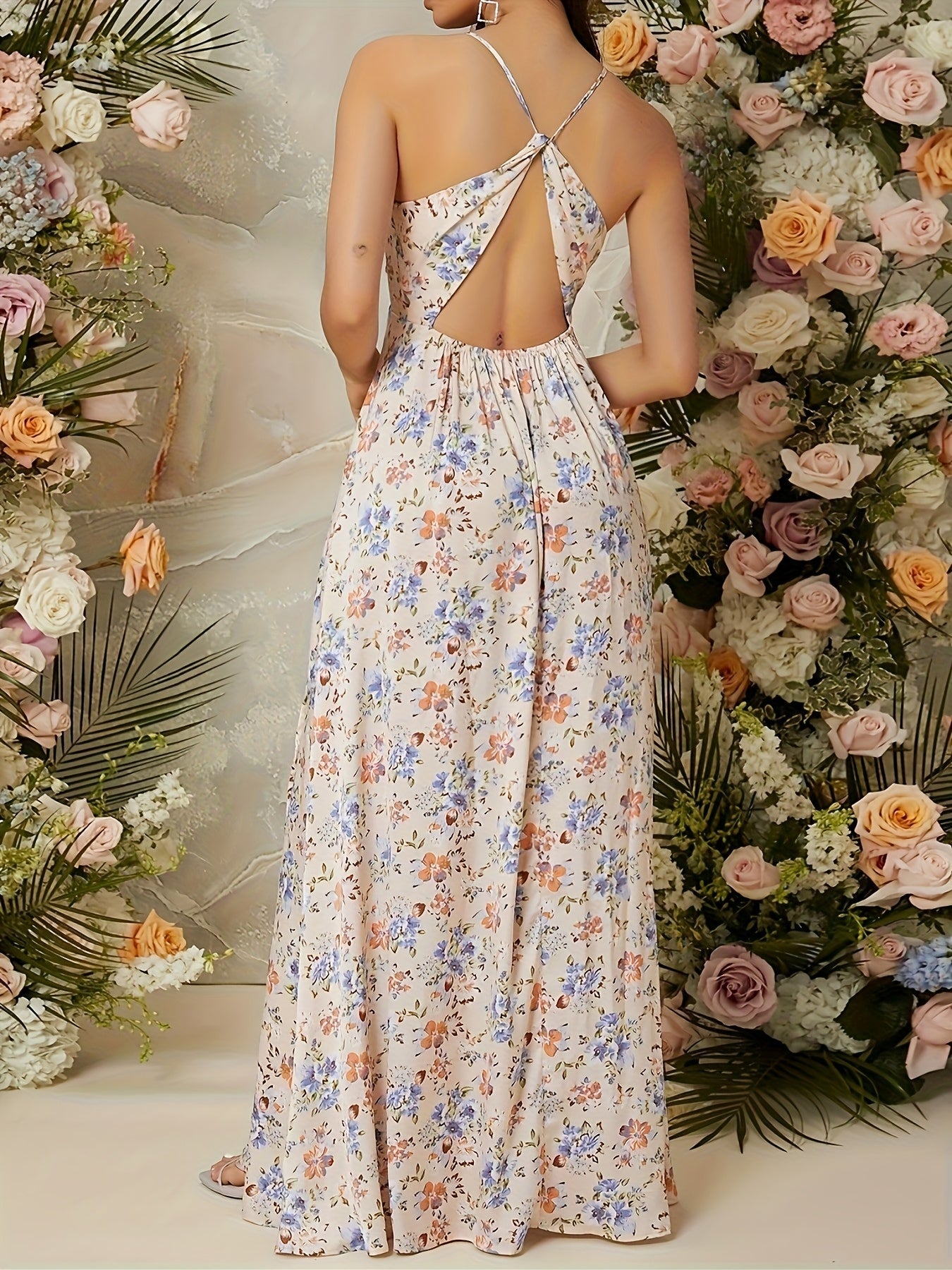 Damen Maxikleid mit Blumenmuster und hohem Beinschlitz – Elegantes Abend- & Partykleid