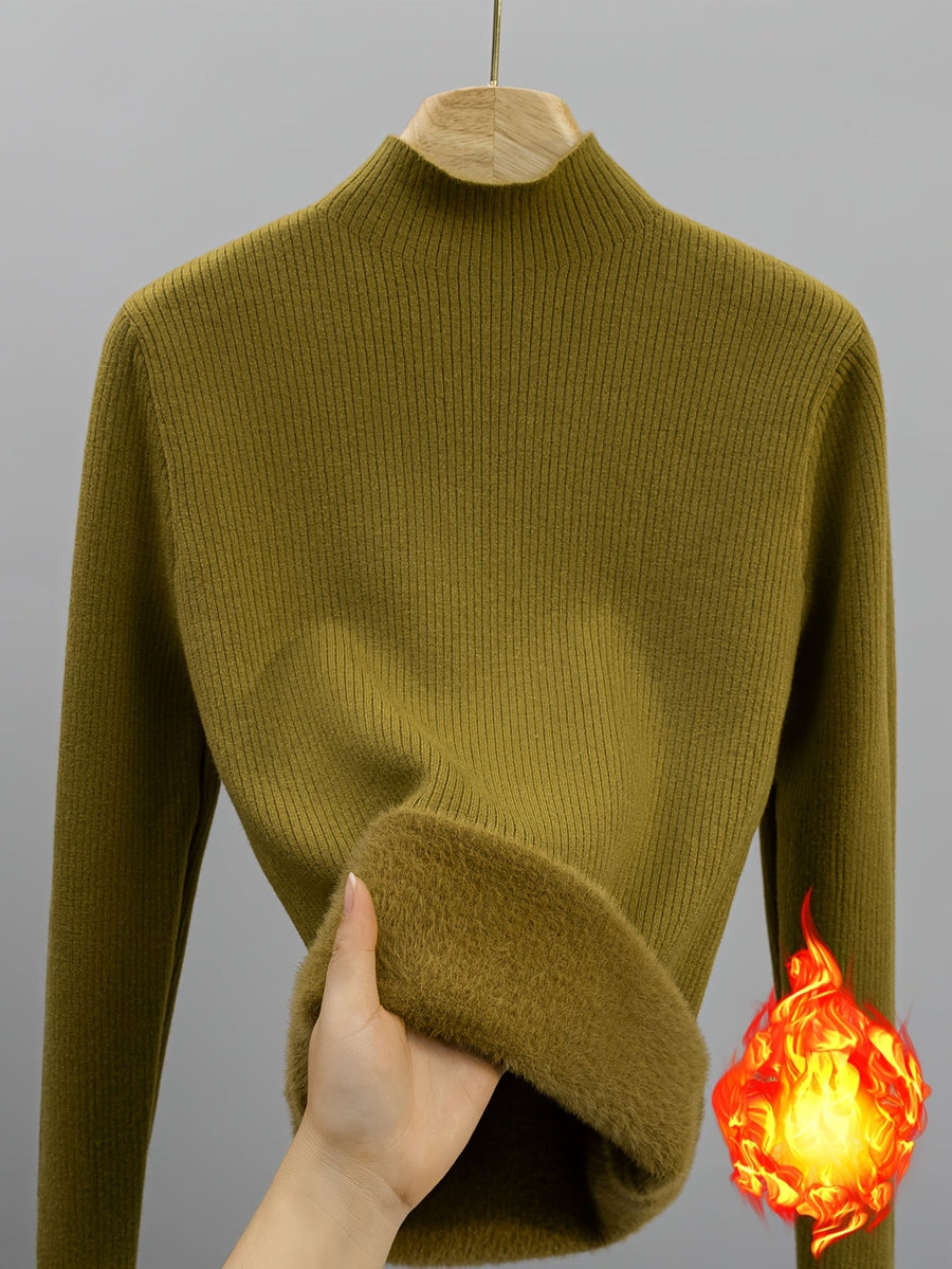 Gerippter Damen Mock-Neck Pullover Langarm Futter Weich Warm