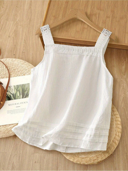 Damen Spitzen-Top mit Knopfleiste und quadratischem Ausschnitt – Romantische ärmellose Bluse für Freizeit und Alltag