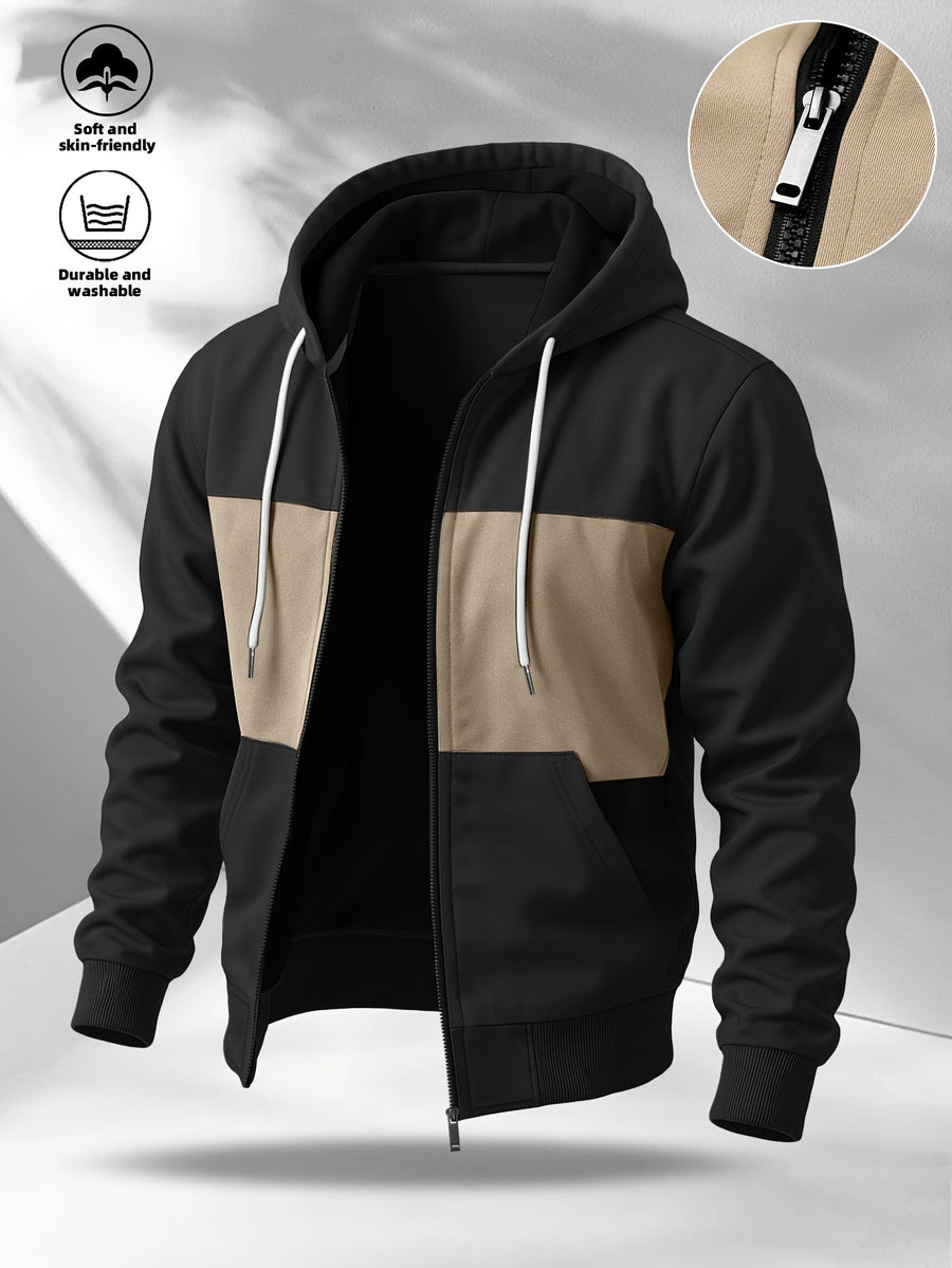 Herren Kapuzenjacke mit Reißverschluss, Color-Block, Rippbündchen, Khaki-Schwarz