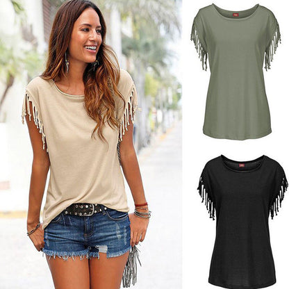 Amy – Damen-T-Shirt mit Rundhals und Quasten