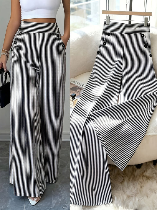 Damen Maritim-Style High-Waist Weitbein-Hose mit Streifen und Knopfdetails