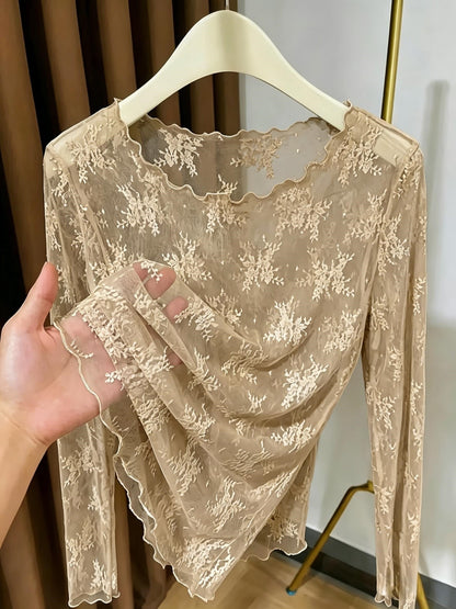 Damen Langarm Mesh-Top mit floraler Stickerei und femininen Details – Elegantes Statement für besondere Anlässe