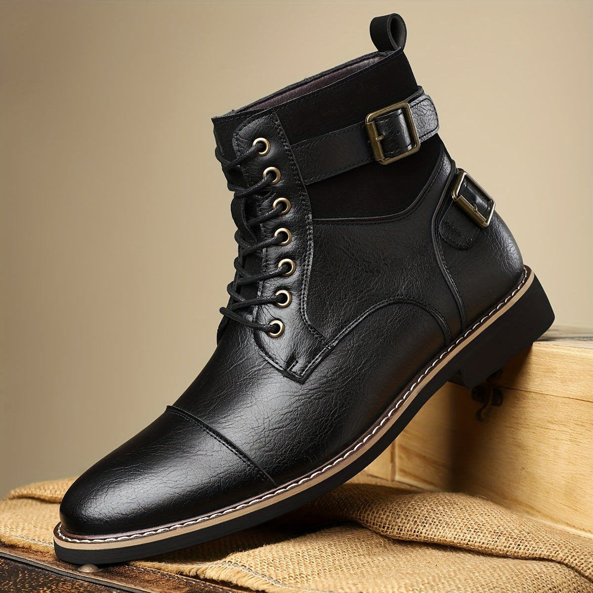 Herren Schnürstiefel Braun mit Schnallen und Profilsohle