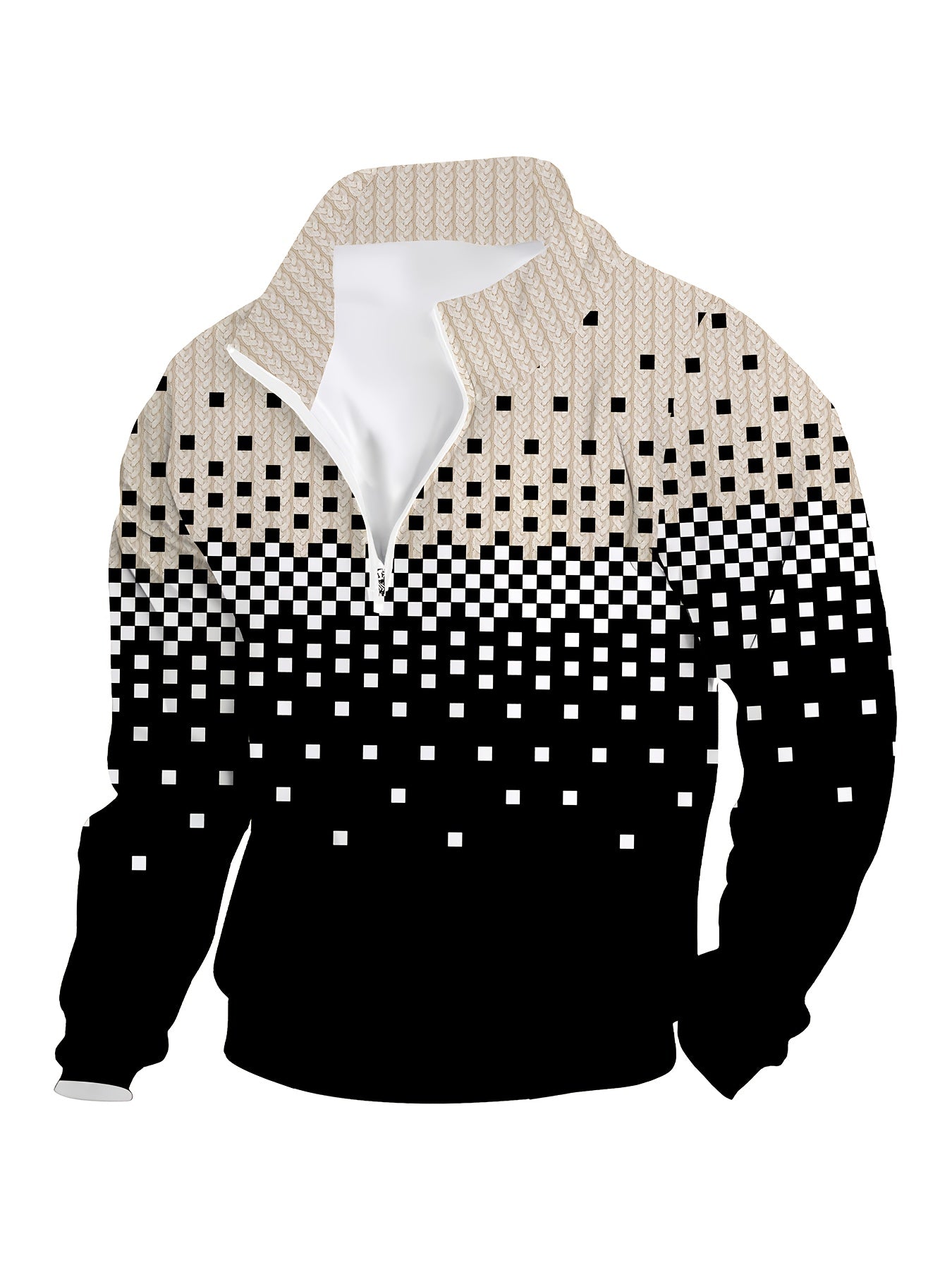 Herren Halb-Reißverschluss Pullover Strickmuster Quadratmuster Ombre Schwarz