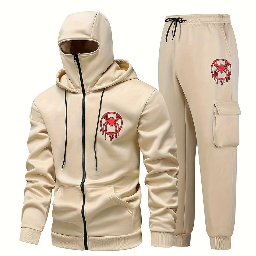 Unisex Kapuzenpullover und Jogginghose Trainingsanzug mit Balaclava-Haube und Spinnenmotiv, Reißverschluss, Taschen