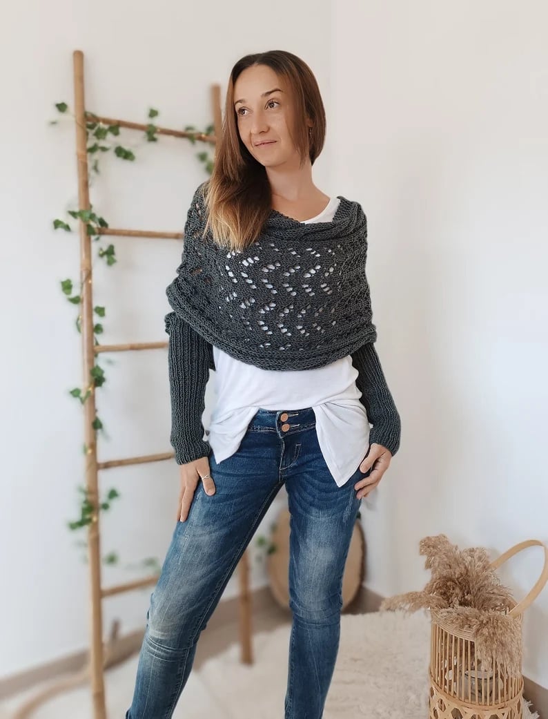 Damen Strick Bolero mit langen Ärmeln und Lochmuster
