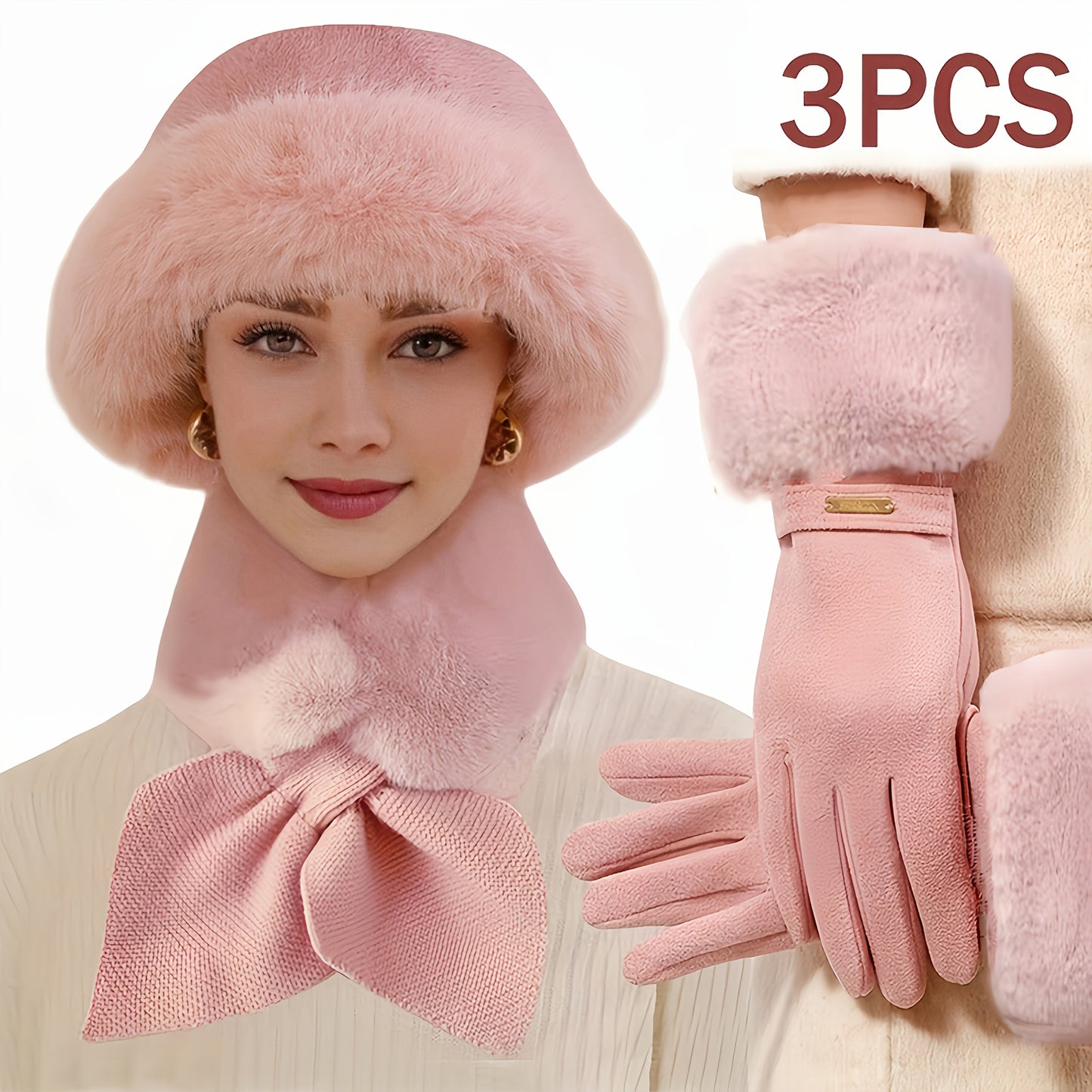 3-teiliges Hut Schal Handschuh Set Damen Winter mit Kunstpelz